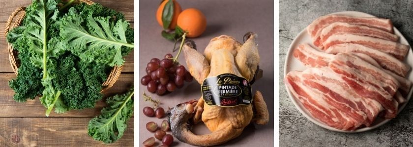 Cuisses de pintade au chou, petits lardons et pommes de terre 