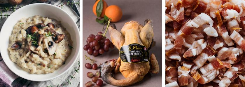 Salmis de pintade et risotto aux champignons de Paris 