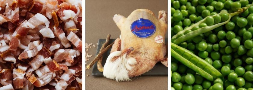 Pigeonneaux Miéral aux lardons et petits pois